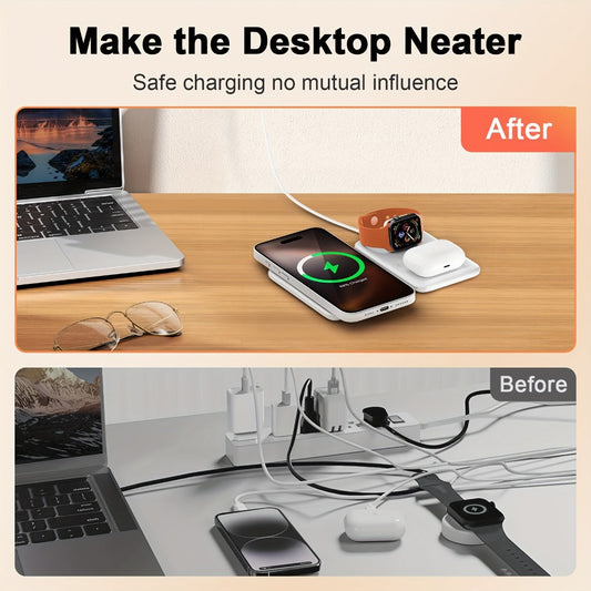 Wireless Charging Station, 3-in-1 Foldable Design, Up to 15W, White