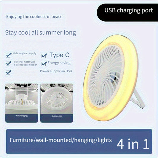 USB Rechargeable Camping Fan with LED Light and Hanging Hook, White