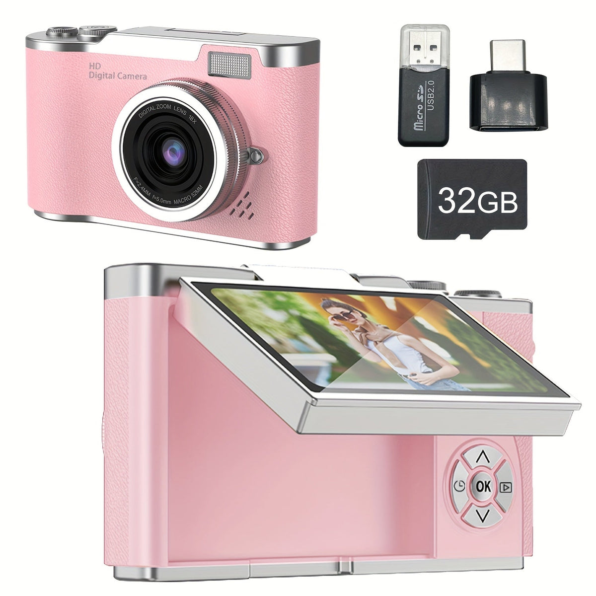 1080P Vlogging Camera for Beginners with 32GB Card 2.4 Inch LCD Screen Rechargeable Digital Camera for Photos Videos Webcam Use Compact Point and Shoot Camera Gift for Teens Kids Adults White Black Pink