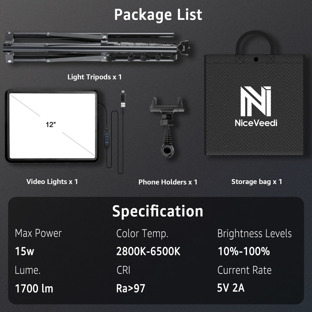 2-Pack LED Video Light Kit with Tripod Stand & Phone Holder | 2800-6500K Dimmable, CRI 97+, USB Powered Studio Lighting for YouTube, Vlogging, Gaming, Streaming & DSLR Photography