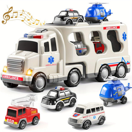Ambulance Carrier Truck Toy Set, 5-in-1 Emergency Vehicle Playset with Lights & Sounds