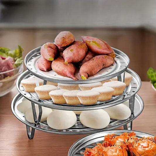Stainless Steel Steamer Rack Set, 3-Piece Round Stackable Inserts for Pot Steaming