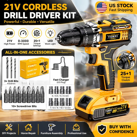 Cordless Impact Drill Set, 21V with LED Light, Adjustable Torque and Battery Kit Options