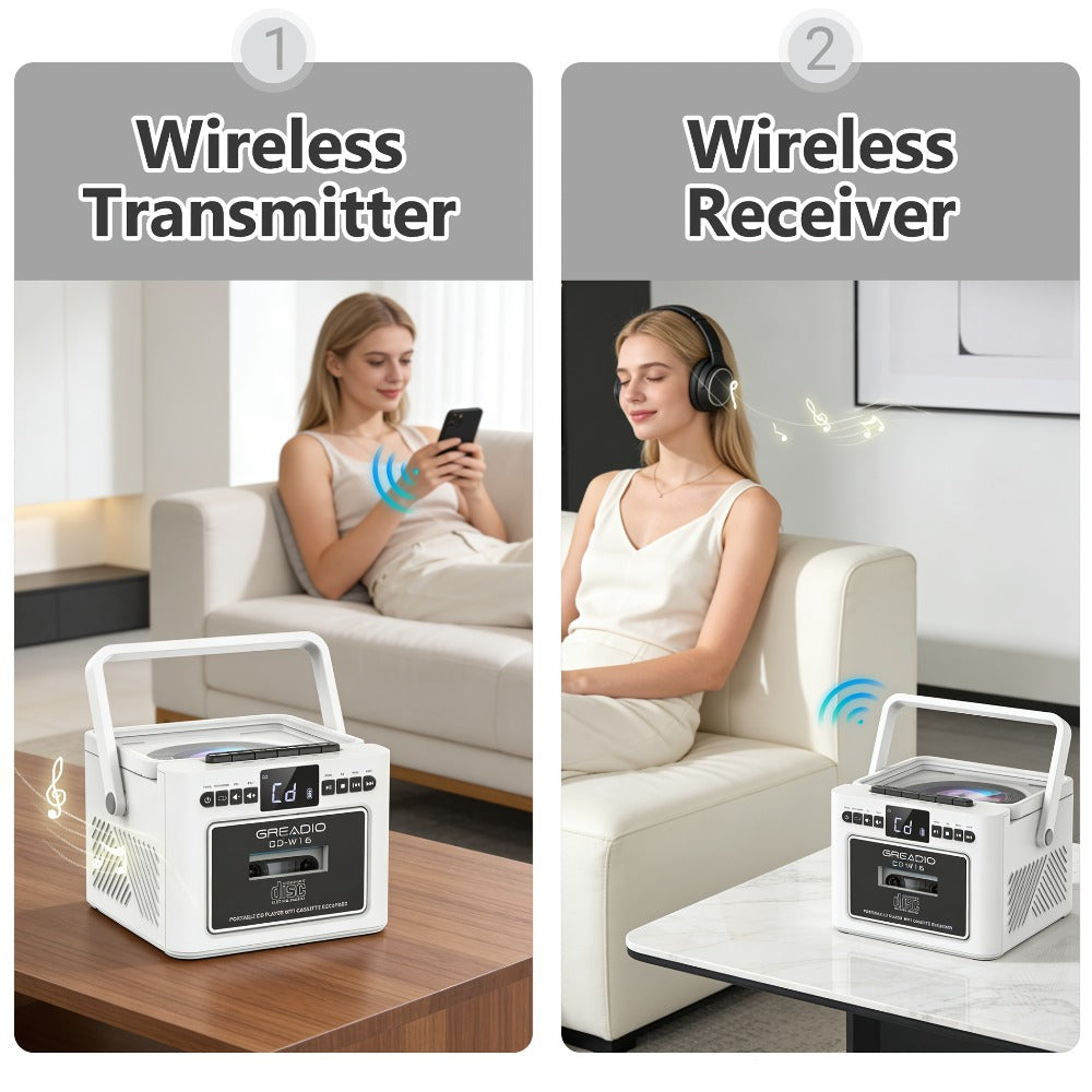 Boombox CD Cassette Player Rechargeable 5000mAh Battery 5W Dual Stereo Speakers FM Radio Tape Recording AUX SD USB 3.5mm Jack Portable Home Audio Player