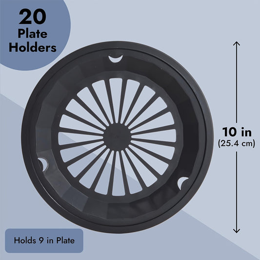 Reusable Paper Plate Holders, 10-Inch Black Plastic Snap-On Design, 12- or 20-Piece Sets