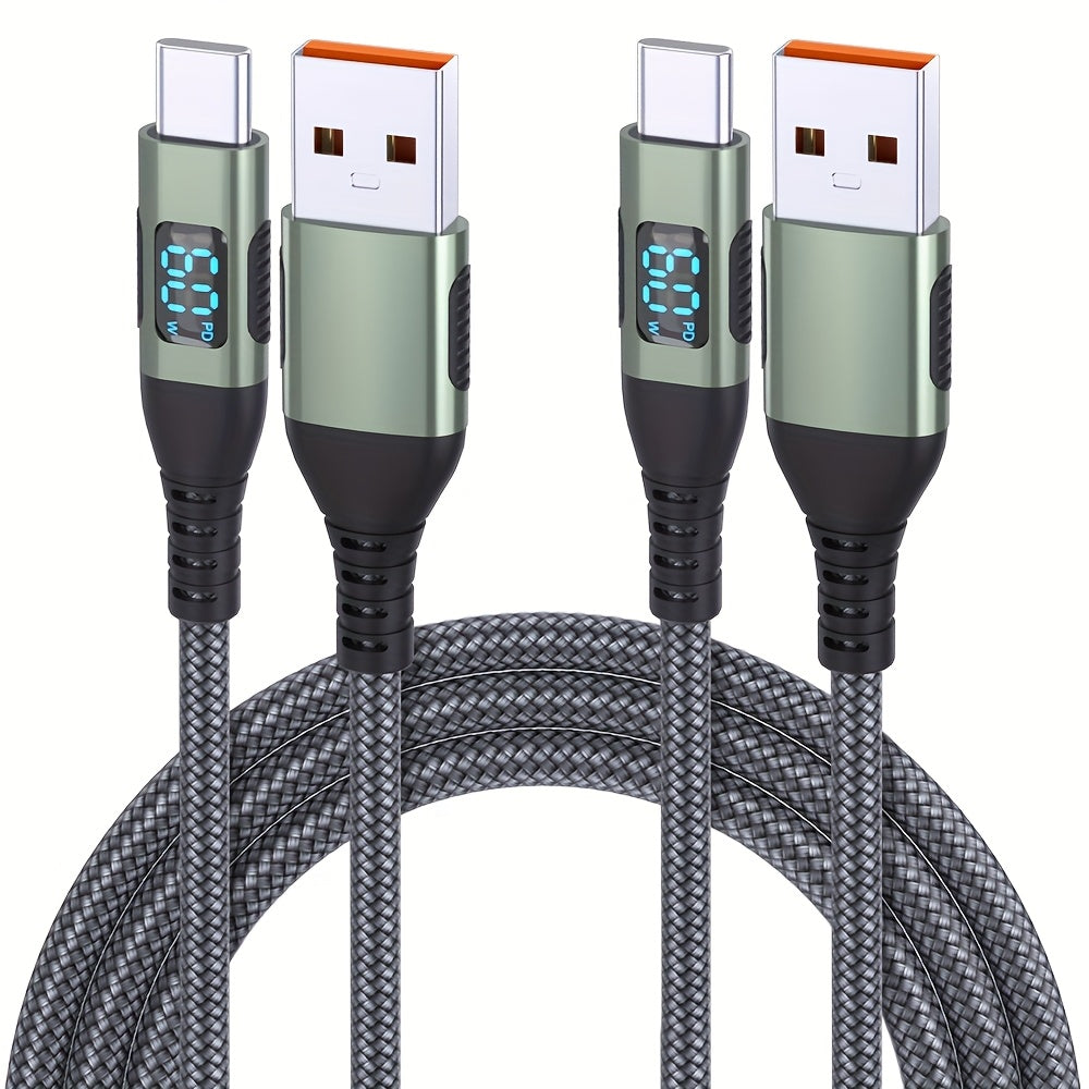 USB-A to USB-C Cable with LED Digital Display, 3A Fast Charging & 480Mbps Data Sync, Nylon Braided Anti-Overheat, for iPhone 15 Samsung Galaxy LG Android – Green (1pc/2pcs)