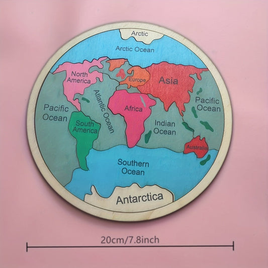 Wooden World Map Puzzle with Seven Continents, 7.8 x 7.8 Inches