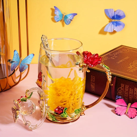 Flower Glass Tea Cups with Lids and Spoons, 4-Set Butterfly Floral Collection