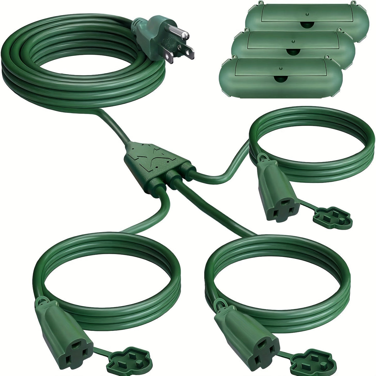 Extension Cord Splitter 1 to 3 Outlets 25FT 50FT 16/3 SJTW Pure Copper Core UV-Resistant PVC Jacket 3 Grounded Outlets for Holiday Decoration Christmas Lights Outdoor Indoor Patio Garden Black Green
