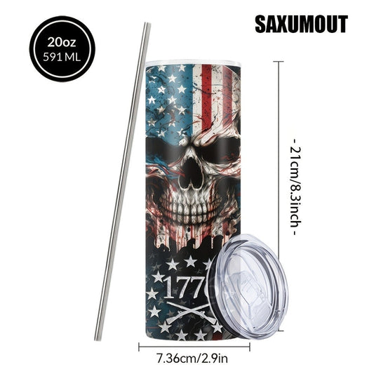 Insulated Skull Tumbler, 20 oz Blue Patriotic Design with Lid and Straw