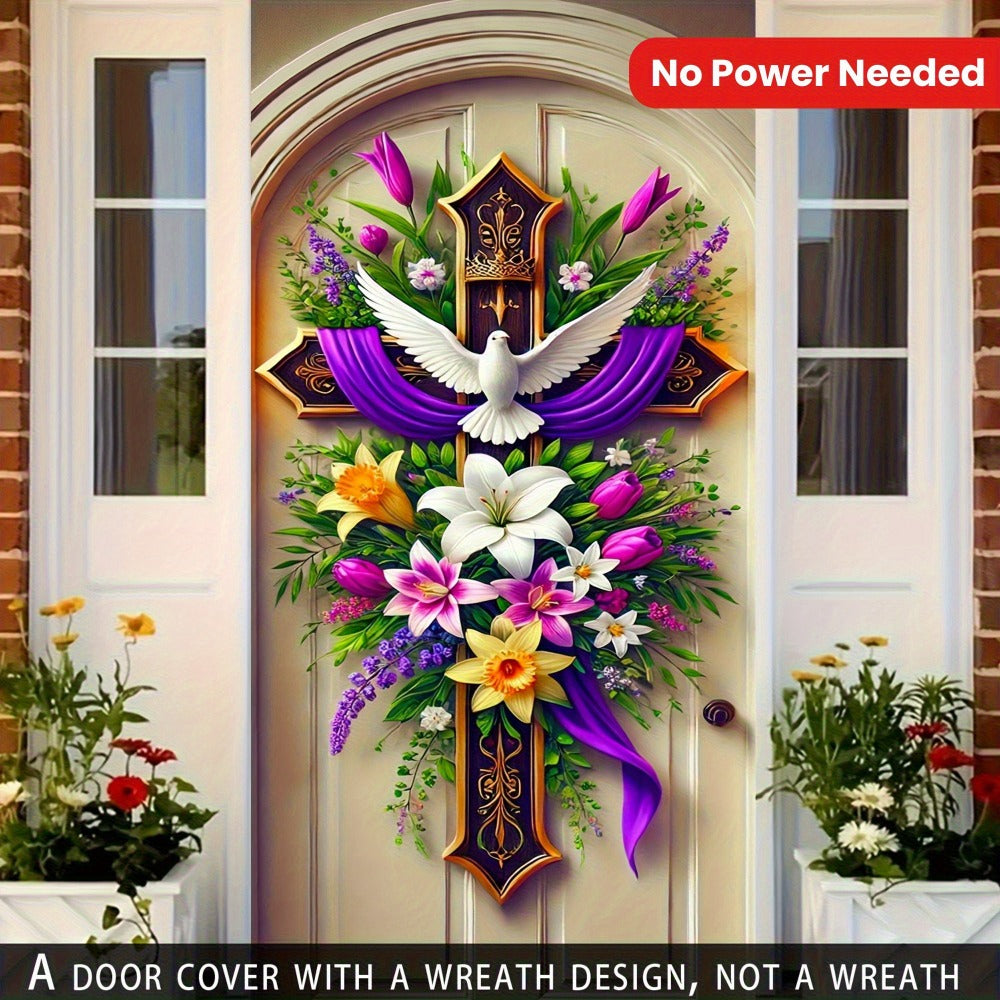 Easter Door Curtain Decoration 35.4x70.8 Inch, Colorful Spring Door Hanging with Dove Floral Cross Pattern, Polyester 2D Flat No-Power Door Curtain Set for Entrance Room Home Party Easter Decor