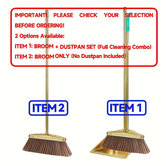 Golden Broom with Stainless Steel Handle, Broom-Only or Dustpan Set Options