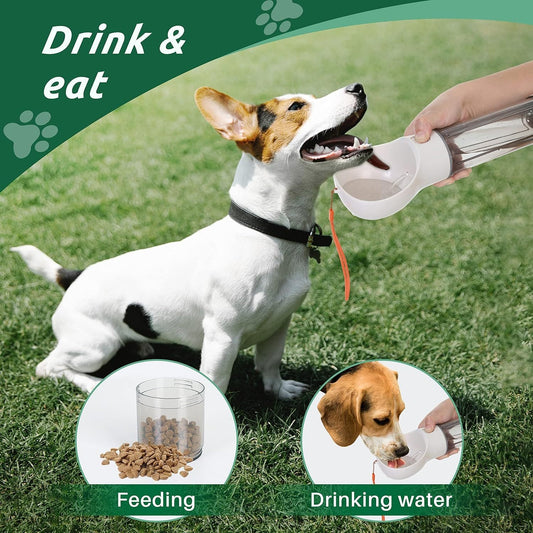 Portable Dog Water Bottle, 3-in-1 with Food Storage & Poop Bag Holder, 300 or 500 mL