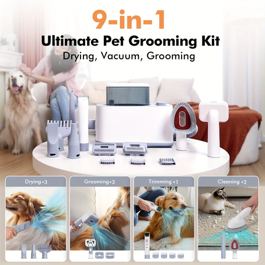 Pet Grooming Vacuum Kit 9-in-1 with 24 kPa Suction, Hair Dryer & Electric Clipper
