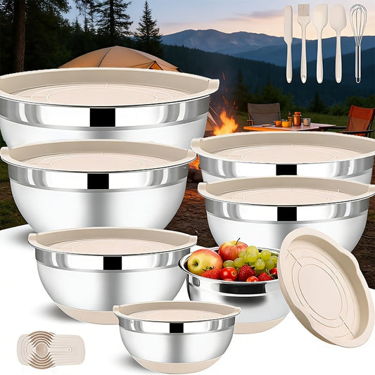 Stainless Steel Mixing Bowl Set with Lids and Prep Accessories, 7 Nesting Bowls