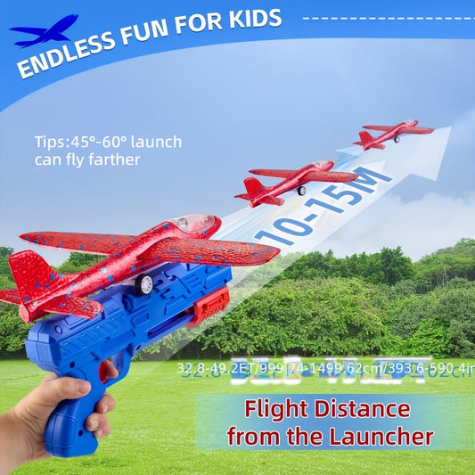 Foam Airplane Launcher Toy Set with 3 Foam Planes & Catapult, 2 Flight Modes for Outdoor Play