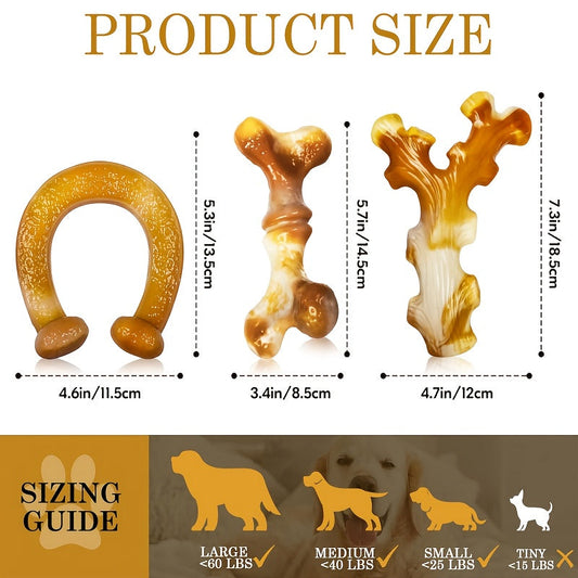 Dog Chew Toy Set, Milk Tea 3 Pack with Bone, Antler and Horseshoe Shapes
