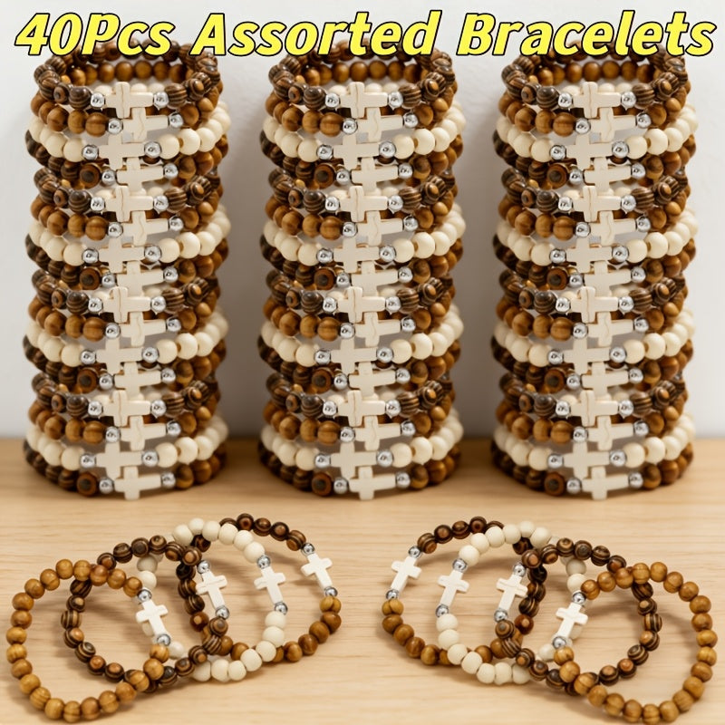 Cross Bracelets Bulk Set – Alloy Cross Pendant Woven Elastic Bracelets, 20 or 40 Pcs Assorted