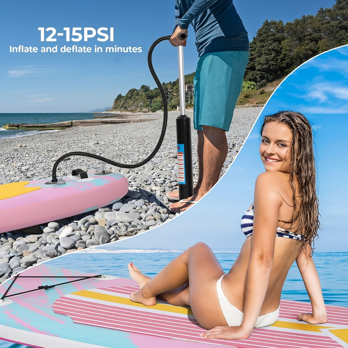 Stand Up Paddle Board 10ft 350lbs Inflatable SUP 3 Fins EVA Non-Slip Deck 12-15PSI Alloy Paddle Hand Pump Repair Kit Carrying Bag for Beginners All Skill Levels