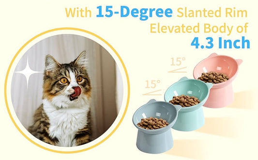 Raised Cat Bowls, Cat-Ear Shaped 3-Piece Set in Blue, Pink and Green