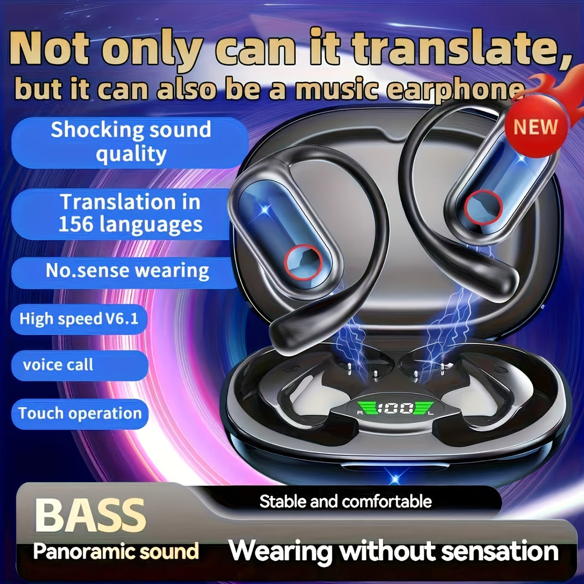 AITruly 144-Language Open-Ear AI Translation Earbuds Bluetooth 5.4 TWS 360° Ambient Awareness ENC Noise Cancelling Mic Digital Display Ultra-Long Battery Travel Fitness Wireless Earphones