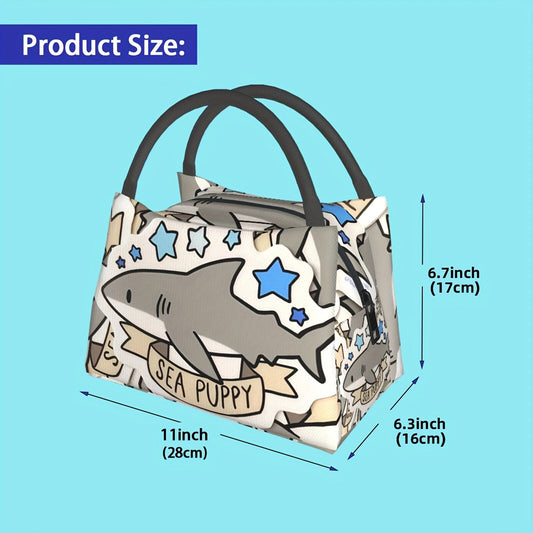 Insulated Lunch Bag with Gray Shark Pattern, 11 x 6.3 x 6.7 Inches
