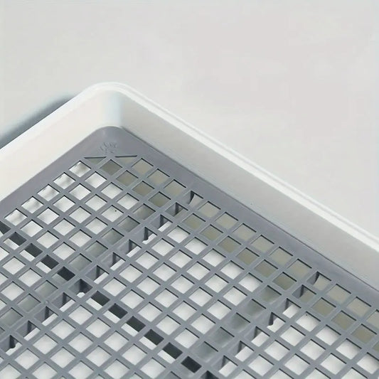 Rabbit Litter Box with Grid Tray, Rectangular Plastic Pet Toilet in Gray & White