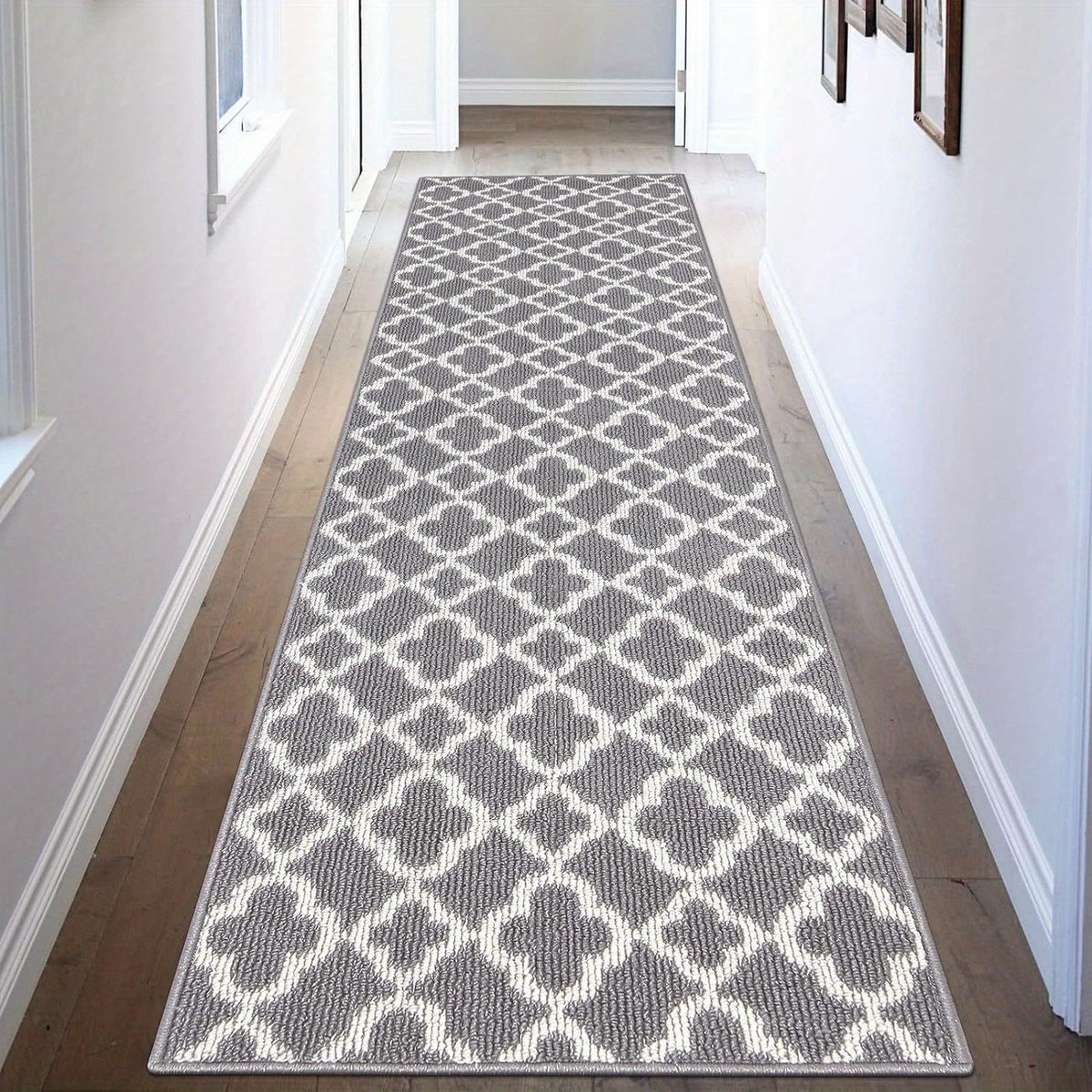 Runner Rug Moroccan Trellis Non-Slip – Machine Washable Hallway Carpet for Entryway, Kitchen & Bathroom – 100% Polypropylene Long Floor Rug, Black & Gray, 2x6, 2x8, 2x10 Ft