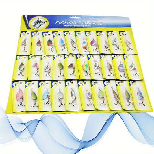 Inline Spinner Fishing Lure Kit, 30-Piece Random Color Assortment with Metal Hooks