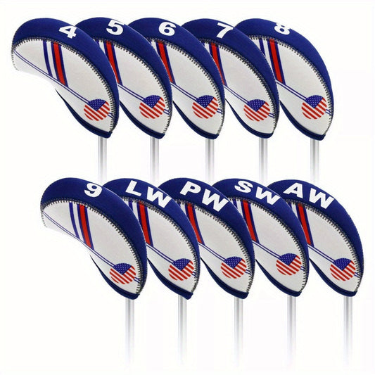 Golf Iron Head Covers with USA Flag Design, Blue and White Neoprene with Zippers