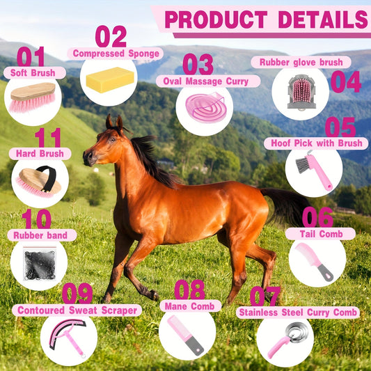 Horse Grooming Kit with Shedding Brush, Hoof Pick and Tote, 12-Piece, Pink and Gray