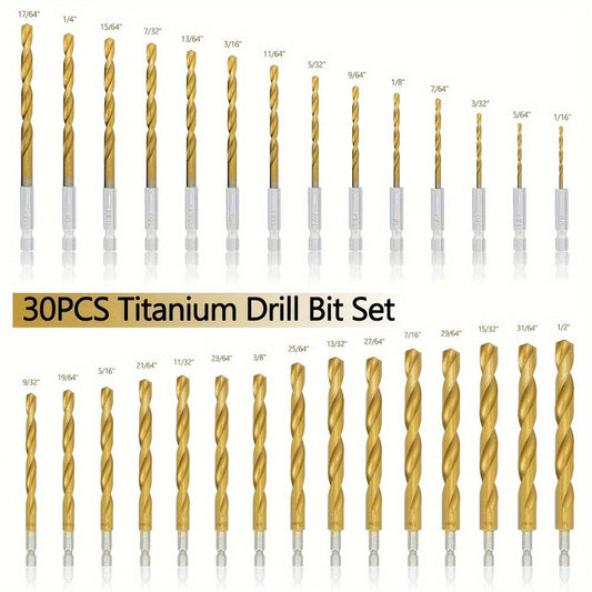 Titanium-Coated HSS Drill Bit Set, 30-Piece, 1/16–1/2 Inch for Metal, Wood & Plastic