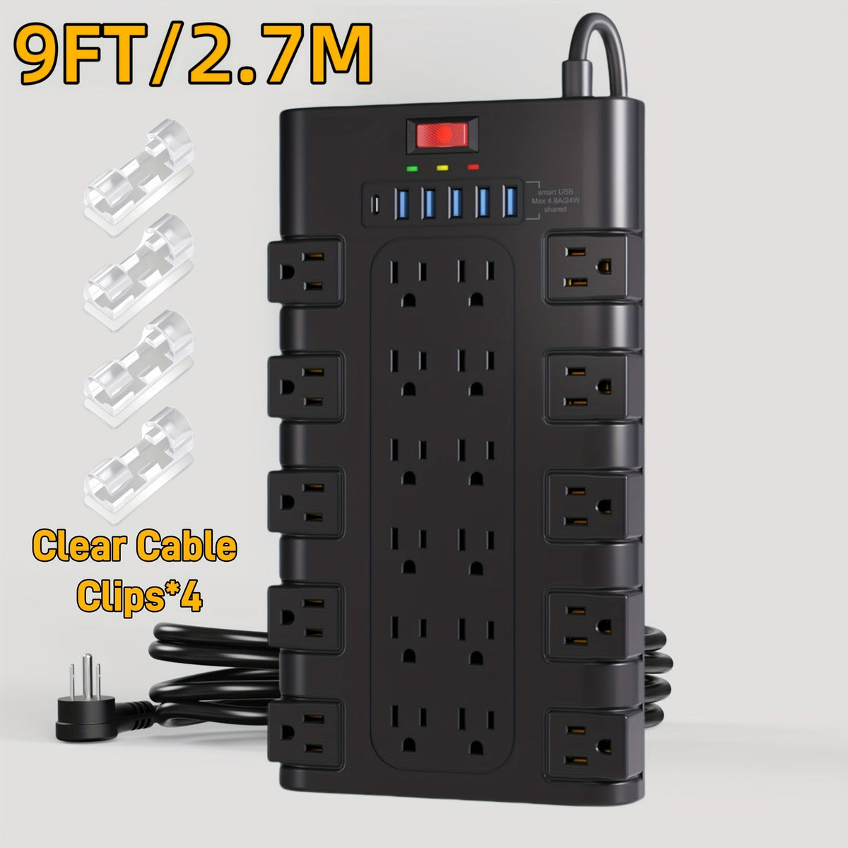 Surge Protector Extension Cord Flat Plug 2100 Joules with Control Switch Status Indicator Wall-Mountable Multi-Outlet Power Strip 28-in-1 22 AC or 8-in-1 4 AC with USB Ports Multiple Length Options for Home Office – Black