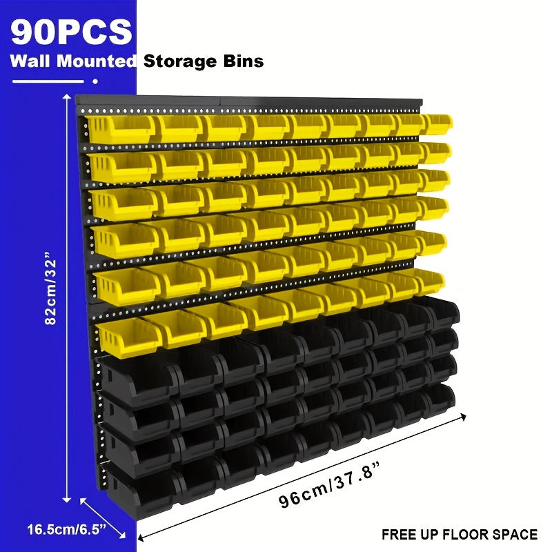 Wall Mounted Storage Bin Rack System – Heavy Duty Small Parts Organizer for Screws, Nuts, Bolts & Nails | Stackable Garage Workshop Tool Storage Rack | 30/60/90 Bins Hardware Organizer