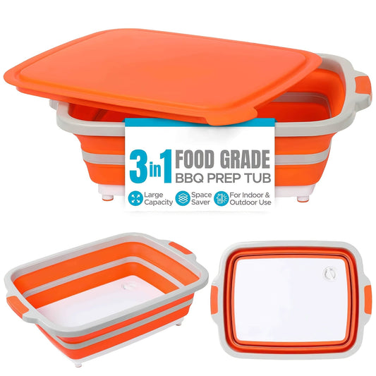 Collapsible BBQ Prep Caddy with Cutting Board, Drain Stopper and Orange Finish
