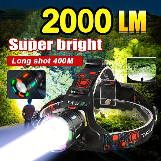 Zoomable LED Headlamp, USB Rechargeable with 90° Tilt and Rear Warning Light