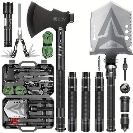 Folding Camping Shovel and Axe Kit with Flashlight, Paracord and Whetstone