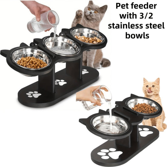 Elevated Cat Bowl Stand, Adjustable Black Wood Base with 2 or 3 Tilted Stainless Steel Bowls