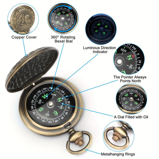 Vintage Pocket Compass with Luminous Indicator for Hiking & Camping