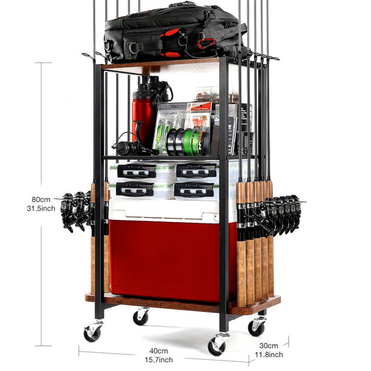 Rotating Fishing Rod Rack for Up to 10 Rods with Tackle Storage, Brown