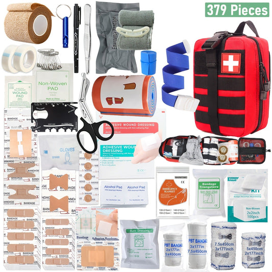 Survival and First Aid Kit, 157 Pieces with Red MOLLE-Compatible Carry Bag