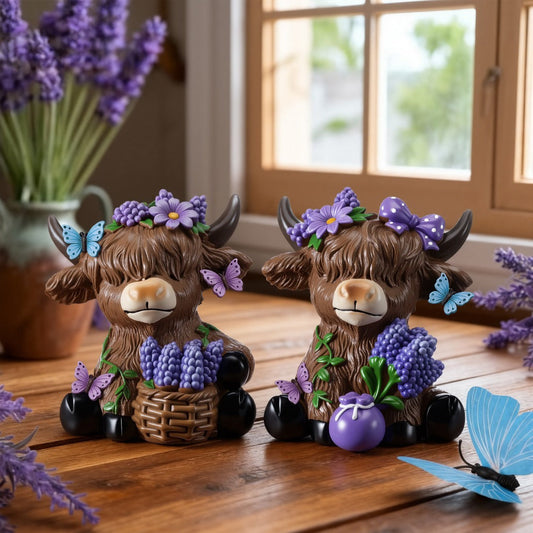 Highland Cow Figurines with Lavender - Resin Calf Set of 2 for Shelf and Desk Decor