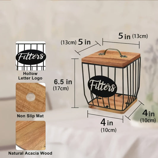 Coffee Pod Holder with Lid and Wood Base, Black Metal Square Countertop Organizer