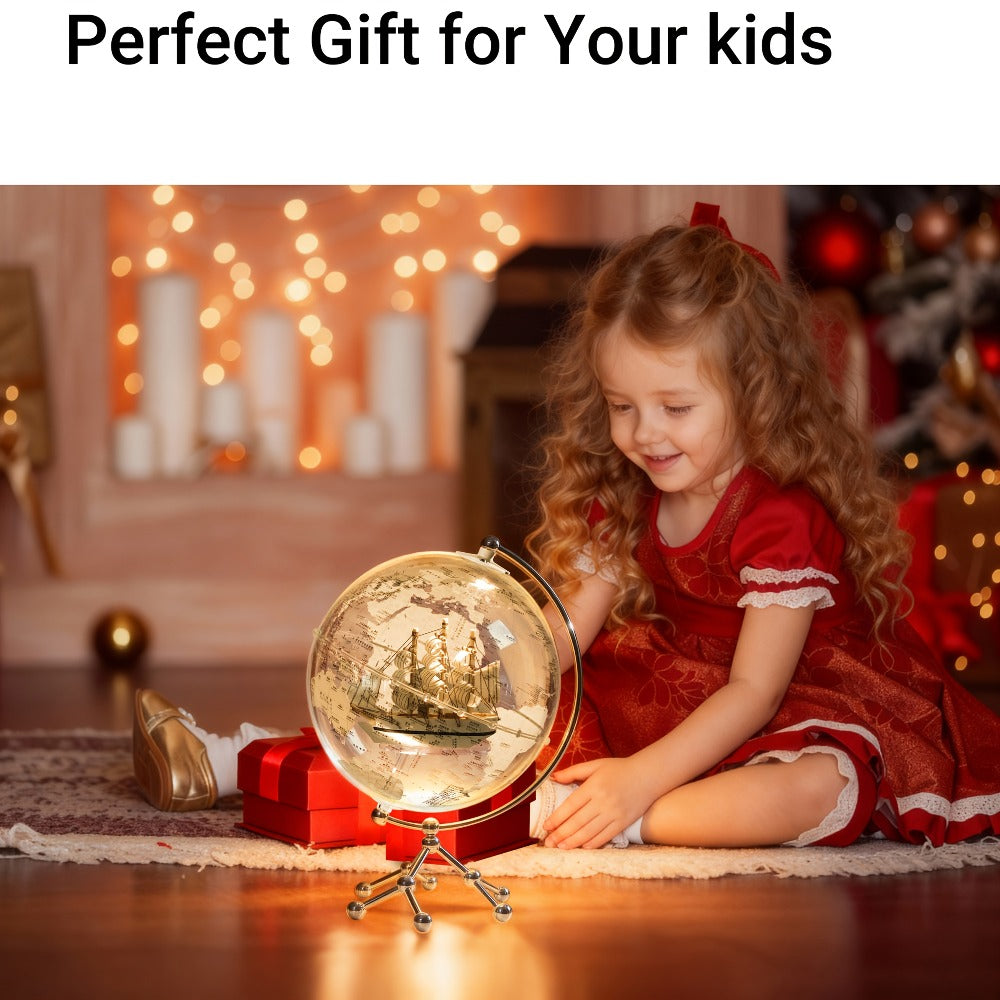 LED Lighted Globe for Kids & Adults 7.87 Inch Clear Acrylic Earth Globe Warm White Light Metal Stand Detailed World Map | Desktop Bookshelf Home Office Decor | Geography STEM Gift
