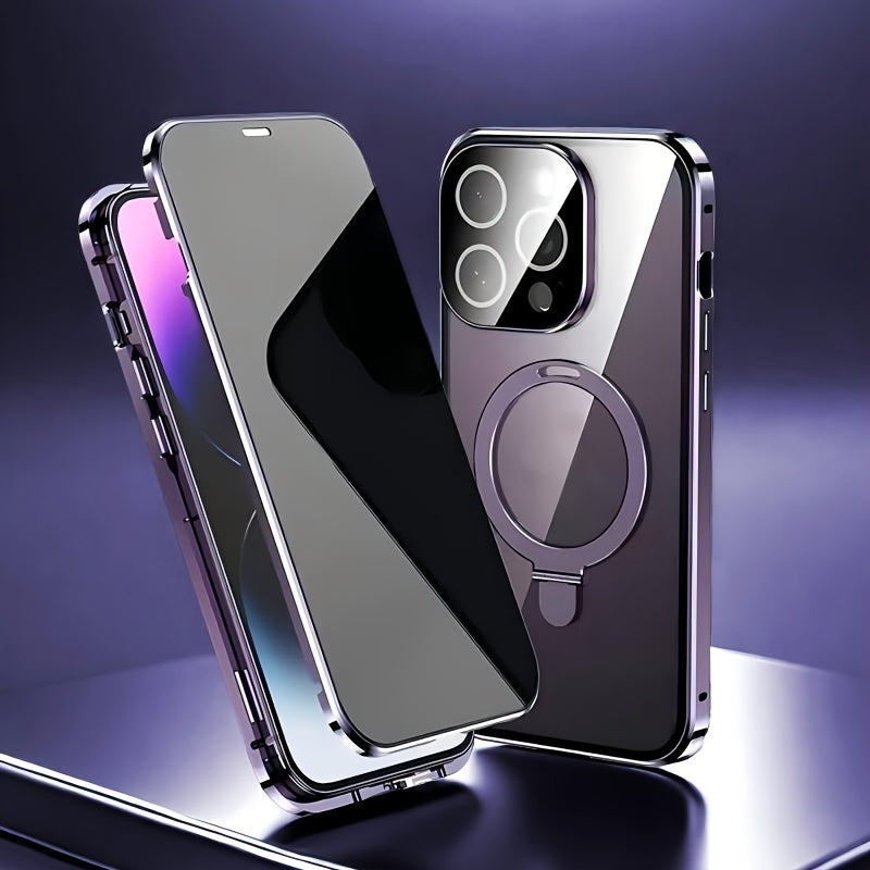 Anti-Spy Tempered Glass iPhone Case with Security Lock, Kickstand & Camera Protection – Magnetic Double-Sided Privacy Cover for iPhone 12 13 14 15 16 Pro Max Plus, Full Body Drop Protection