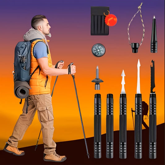 Adjustable Trekking Pole with Compass, Canvas Pouch and Combination Lock, Black