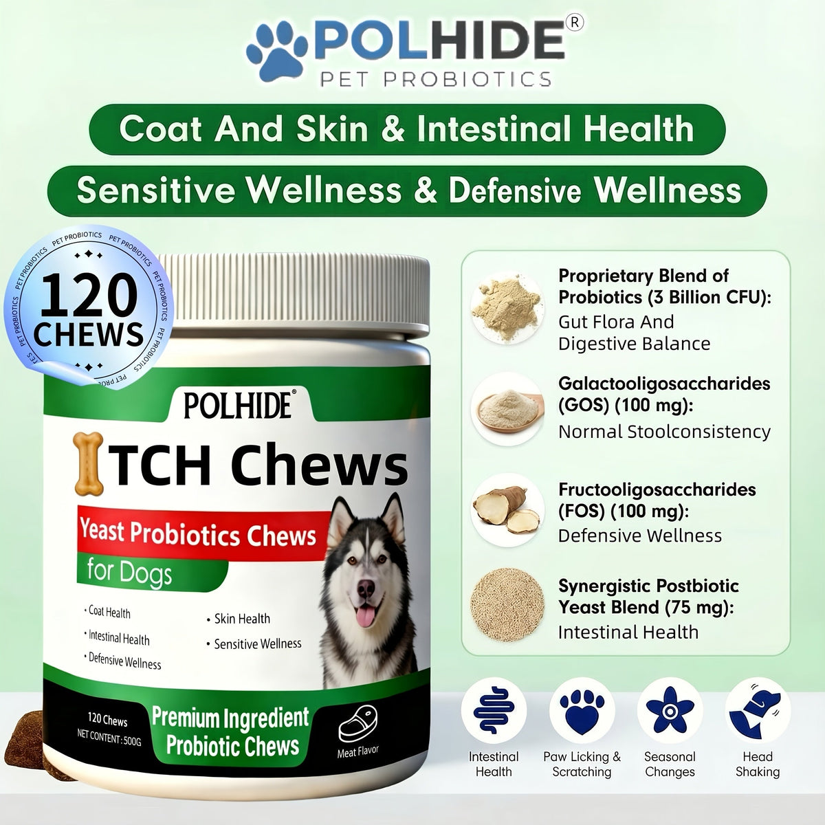 Dog Probiotic Chews 120 Count Heart-Shaped Soft Chews with Yeast & Meat Flavor | Supports Gut Health Coat & Immunity | All Breeds All Ages | 120-Day Supply Pet Digestive Supplement Daily Wellness Chew