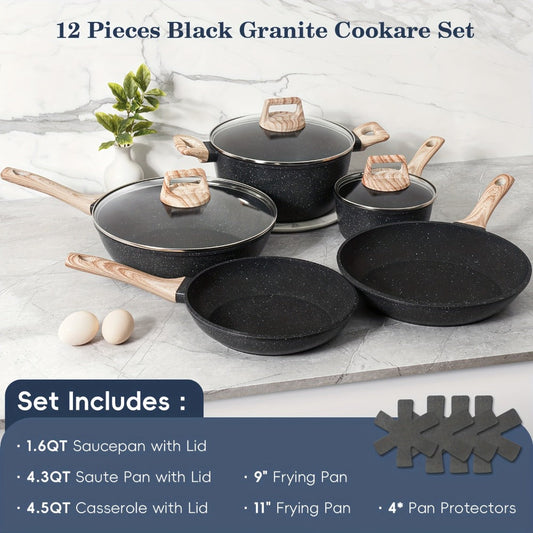 Non-Stick Pots and Pans Set, 12-Piece Cookware with Frying Pan in Black or White