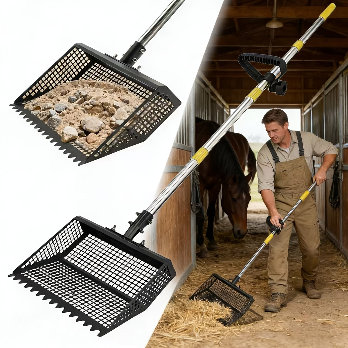 Cat Litter Scooper 2-in-1 Heavy Duty Rake with Adjustable 26–76" Stainless Steel Handle, Shatterproof Sand Sifting Shovel for Litter Box, Chicken Coop, Horse Stable & Barn Stall Cleaning, 13 Inch