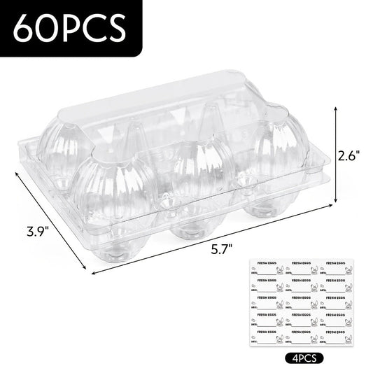Plastic Egg Cartons, 60-Pack Clear Reusable 6-Egg Holders with 4 Label Stickers
